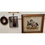A 19th century needlework panel: "Charley & Rover"; a miniature female portrait; decorative items