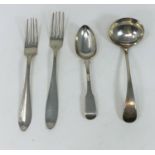 A hallmarked silver sauce ladle, Sheffield 1896; a dessert spoon, London 1819; 2 forks with French