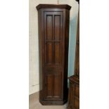 A 19th Century full height thin corner cupboard with paneled doors, a bow and bellows