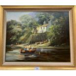Dyer: Children in a boat on a river, oil on canvas, signed, framed