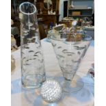 Two glass vases by Jasper Conran for Waterford, boxed; a presentation golf ball and stand