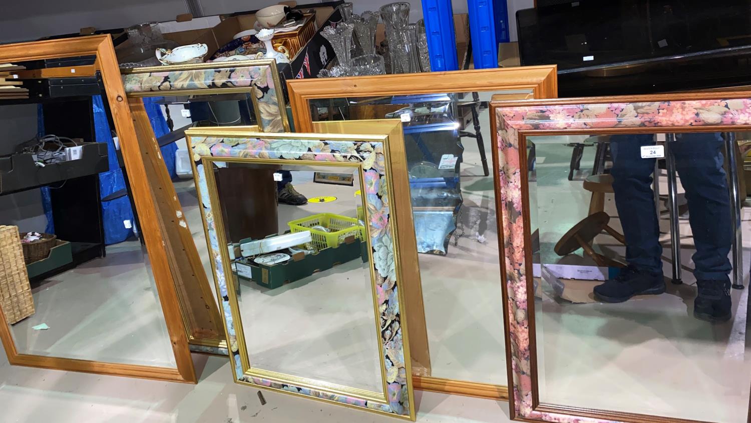 Three wall mirrors in rectangular floral frames; 2 large mirrors in pine effect frames