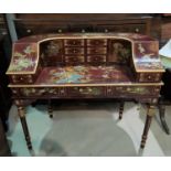A Chinese Charterhouse desk in red high gloss finish decorated with birds and flowers, 6 miniature