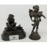 A small bronze of a monkey on marble base, signed 'Barrie', height 10 cm; another small bronze of