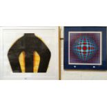 Two modern abstract colour prints, framed
