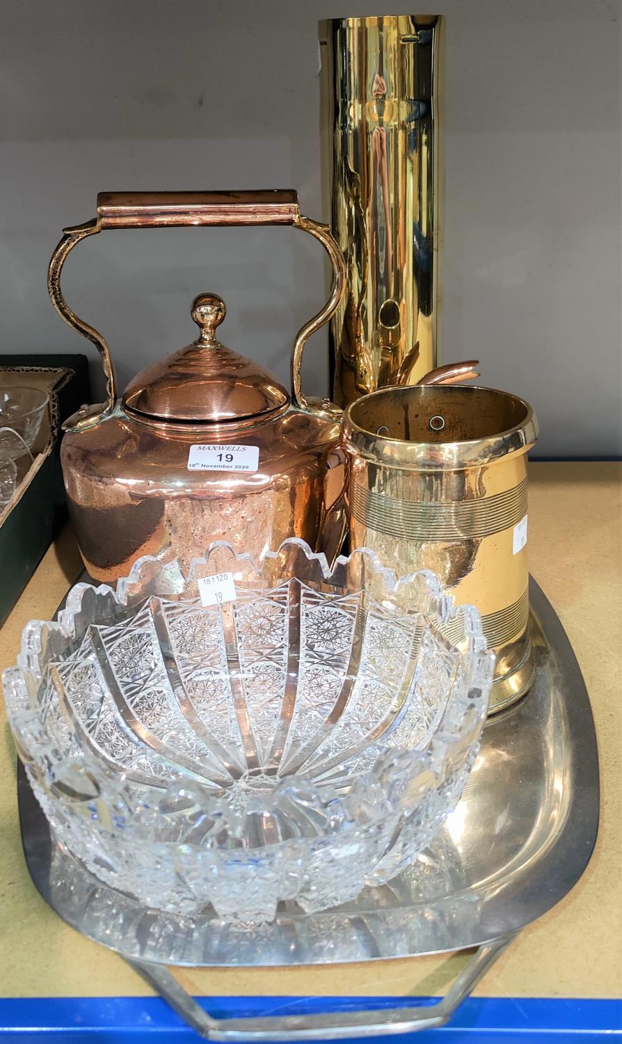 A selection of bone handled cutlery; a copper kettle; metalware; glassware