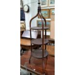 An Edwardian inlaid mahogany 3 tier cake stand; a barley twist standard ashtray