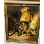 J Maxwell: "The Alchemist", oil on board, signed, 58 x 48 cm, framed; Des Harradine: Windmills, 2