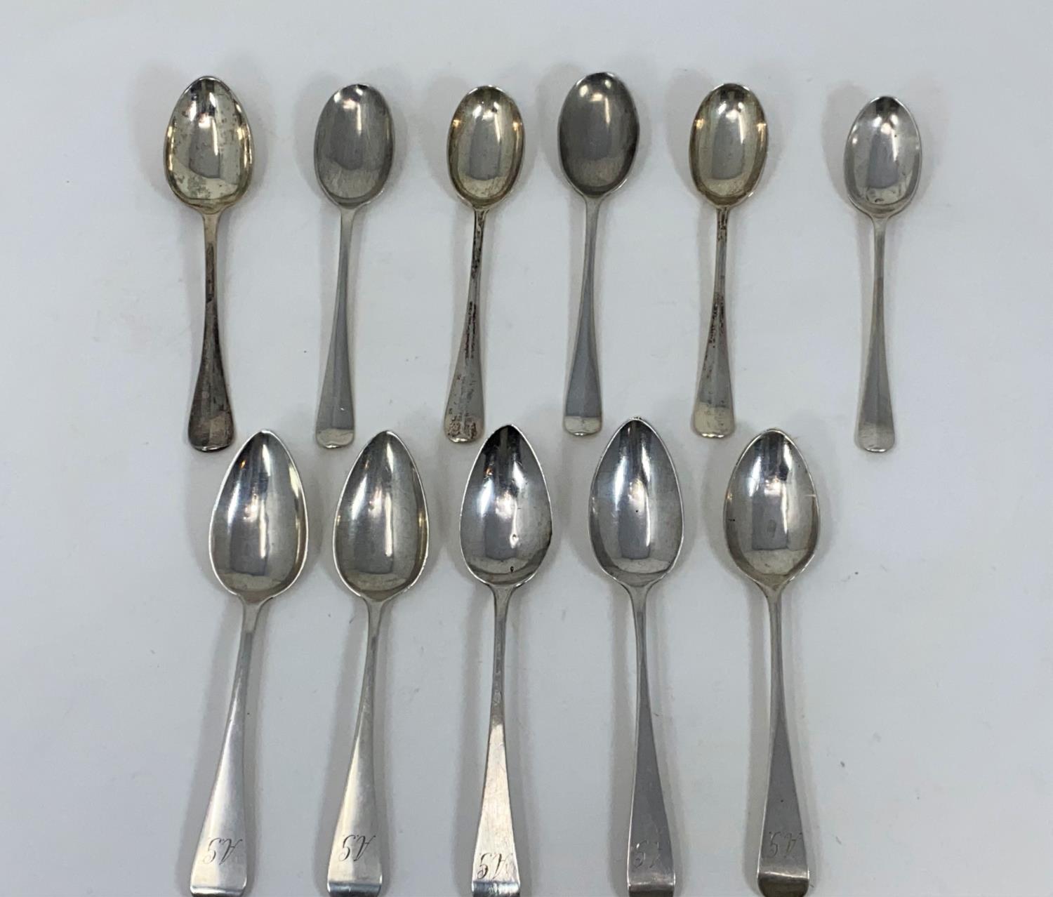 A Georgian matched set of 6 teaspoons and 7 rat tail teaspoons, various dates, 5 oz