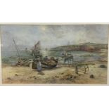 Hughes Clayton. Unloading Fishing Boats, Anglesey. Watercolour signed, 32 x 59cm, framed and glazed.