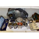 A selection of silver plate; 2 19th century pewter quart mugs; stainless steel