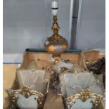 Three table lamps; 3 gilt pendant shades