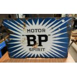 A 1920's enamel Motor BP spirit sign on white and blue background, 41cm x 61cm, double sided, rusted