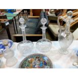Four etched glass decanters; 4 bottle labels: 1 silver & 3 silver plate; a set of 6 blue & white