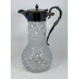 A modern cut crystal claret jug with hallmarked silver lid, collar and handle, London 1971