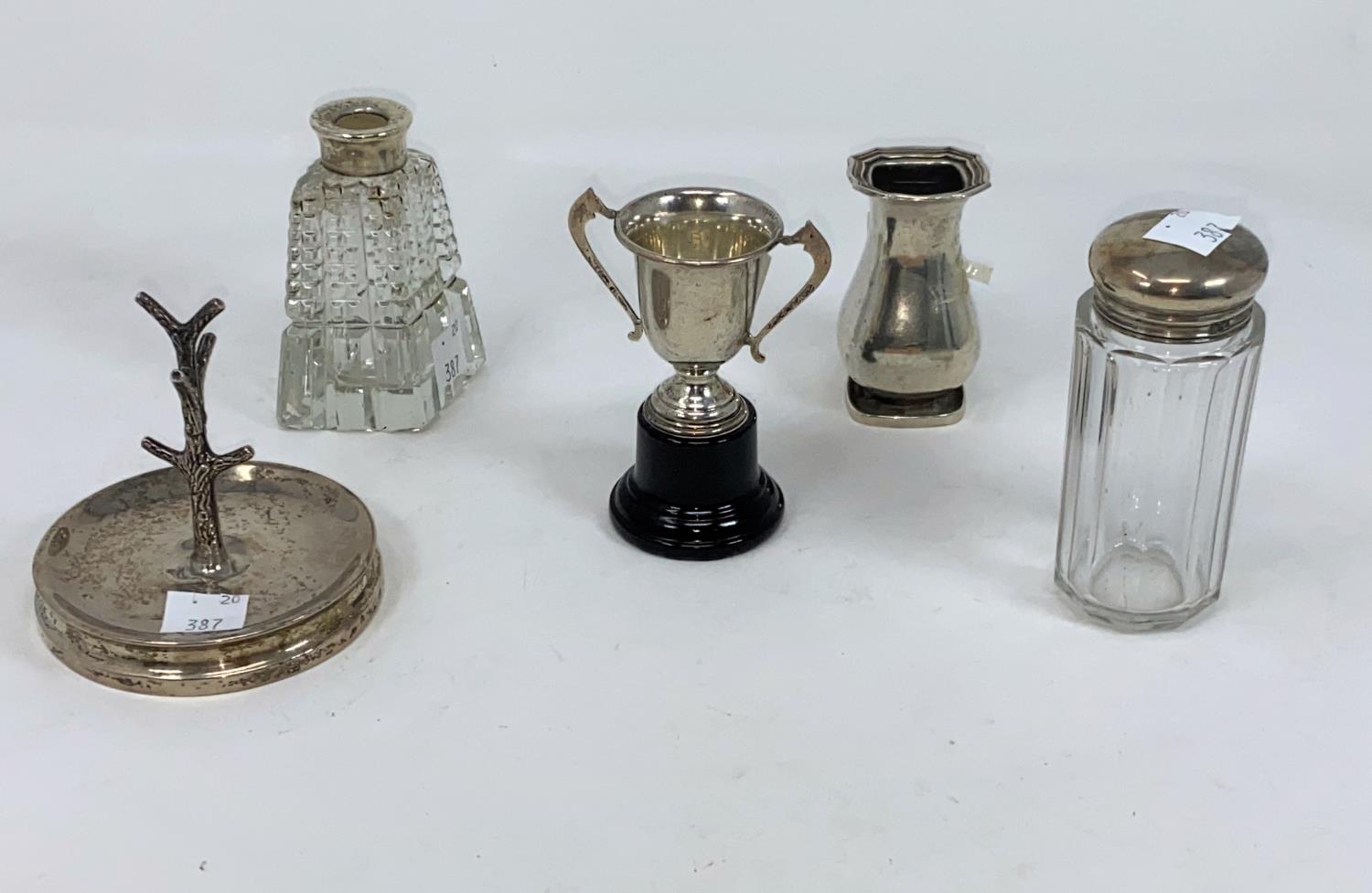 A small silver vase; a silver ring tree; silver top bottles; etc., various dates; 2 Middle Eastern - Image 2 of 2