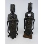 pair of Chinese bronze figures in traditional dress (1 neck a.f.) one on wooden stand, height 27cm