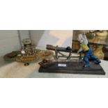 A novelty pen and ink stand in the form of a 10 pin bowler; a Victorian ornate pierced brass