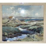 Mabel Winifred Cottee: River estuary with cottages, watercolour, signed, 35 x 40cm, framed and