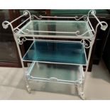 A 1950's 3 tier drinks trolley in wrought iron and glass