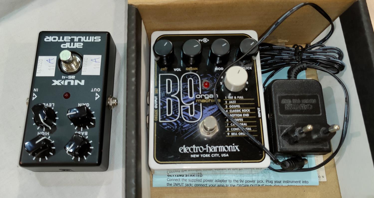 An ELECTRO-HARMONIX B9 Organ Machine effects pedal, boxed with poser supply, a NUX as-4 amp