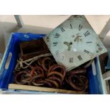 A painted dial long case clock movement and vintage curtain rings