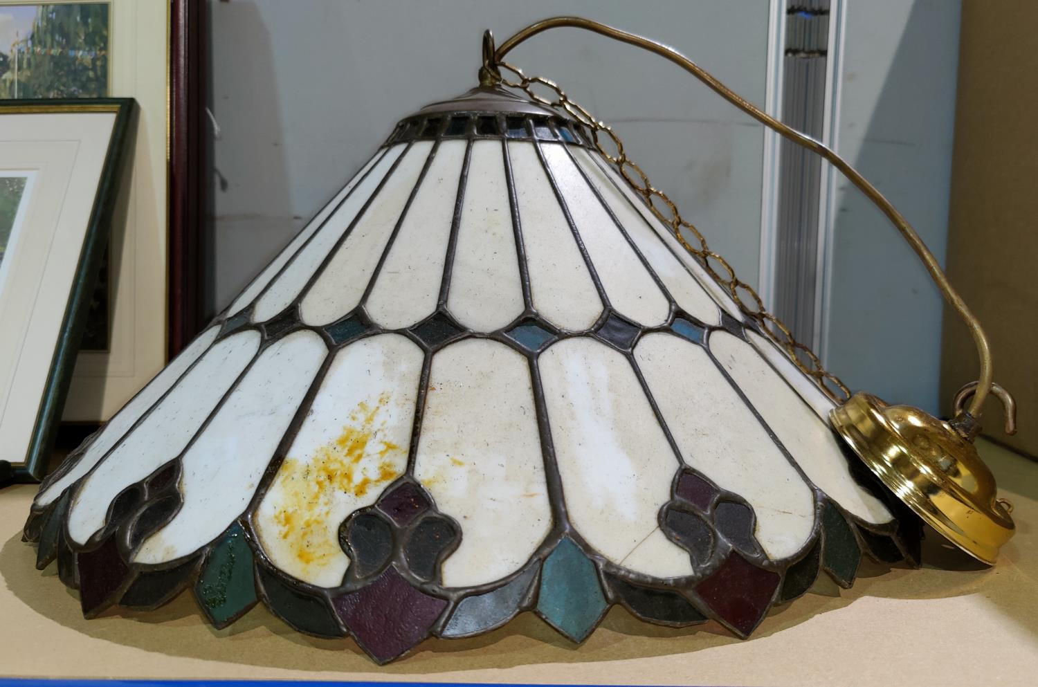 A Tiffany style conical lampshade; a brass 3 branch centre light; a chandelier; etc. - Image 3 of 3