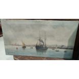 An oil on canvas, shipping scene, signed J Roberts, 37 x 70 cm