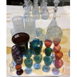 A Victorian set of 10 frosted glass finger bowls; cranberry and green glass; a Mdina vase; etc.