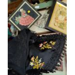 A selection of linen, applique pictures etc