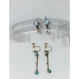A pair of Victorian gold drop earrings set turquoise and seed pearl with screw fasting marked 9ct; a