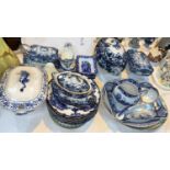 A selection of Victorian blue & white dinnerware: soup/other tureens; serving plates; dinner plates;