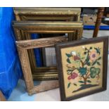 A needlework firescreen and similar picture; 3 heavy gilt picture frames & a standard lamp