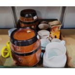 2 19th Century Doulton Lambeth pottery barrels; a selection of commemorative mugs & a large