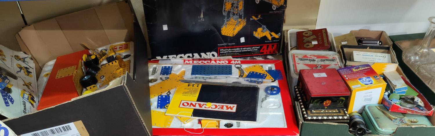 Two boxes of late 20th century Meccano; a selection of other toys; games; etc.