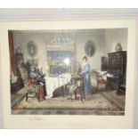 After Dendy Sadler: Victorian drawing room scenes, pair of coloured prints, signed in pencil in