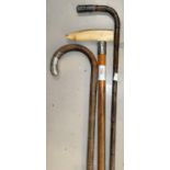 An ivory handled and silver collared walking cane; 2 silver tipped walking canes