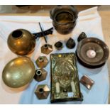 An Arts and Crafts brass two light candle sconce, other metalware and collectables, including brass