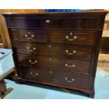 A Georgian mahogany chest of 3 long, 2 short and frieze drawers with brass swan neck handles, square