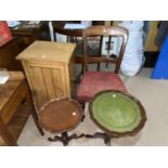 An Edwardian bedside cabinet; 2 reproduction wine tables; a Victorian dining chair