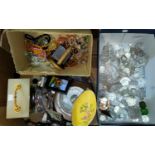 A box of lace embroidery and other linen; a selection of glass decanters/stoppers; costume