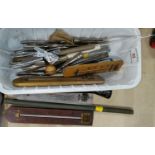 A collection of thermometers, forceps etc