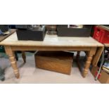 A Victorian style pine dining table with rectangular single drop leaf top, and 4 white wheel back