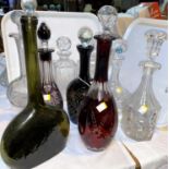 Three overlaid coloured glass decanters; 6 cut decanters