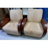 A pair of Art Deco style armchairs with hardwood frames, in fawn corded fabric