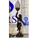 A modern bronze table lamp depicting a cherub holding a torchère, height 57 cm