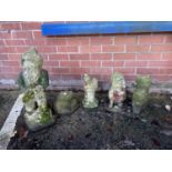 4 reconstituted stone garden ornaments including gnome, cat etc, 2 cast iron down spouts