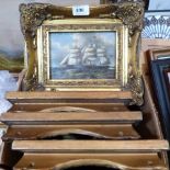 Four gilt framed marine pictures, together with an oil on board landscape, signed G. Jennings