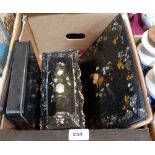 A Victorian inlaid papier-mache box, blotter, a painted papier-mache box and a continental plate (