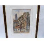 ENGLISH SCHOOL. 19TH CENTURY Abbey Ruins with cottage and figure. Signed initials S.P. Watercolour